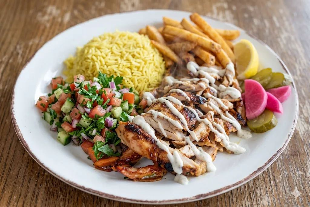 Chicken shawarma platter with rice and garlic sauce at Maggi's Syrian Food Winnipeg